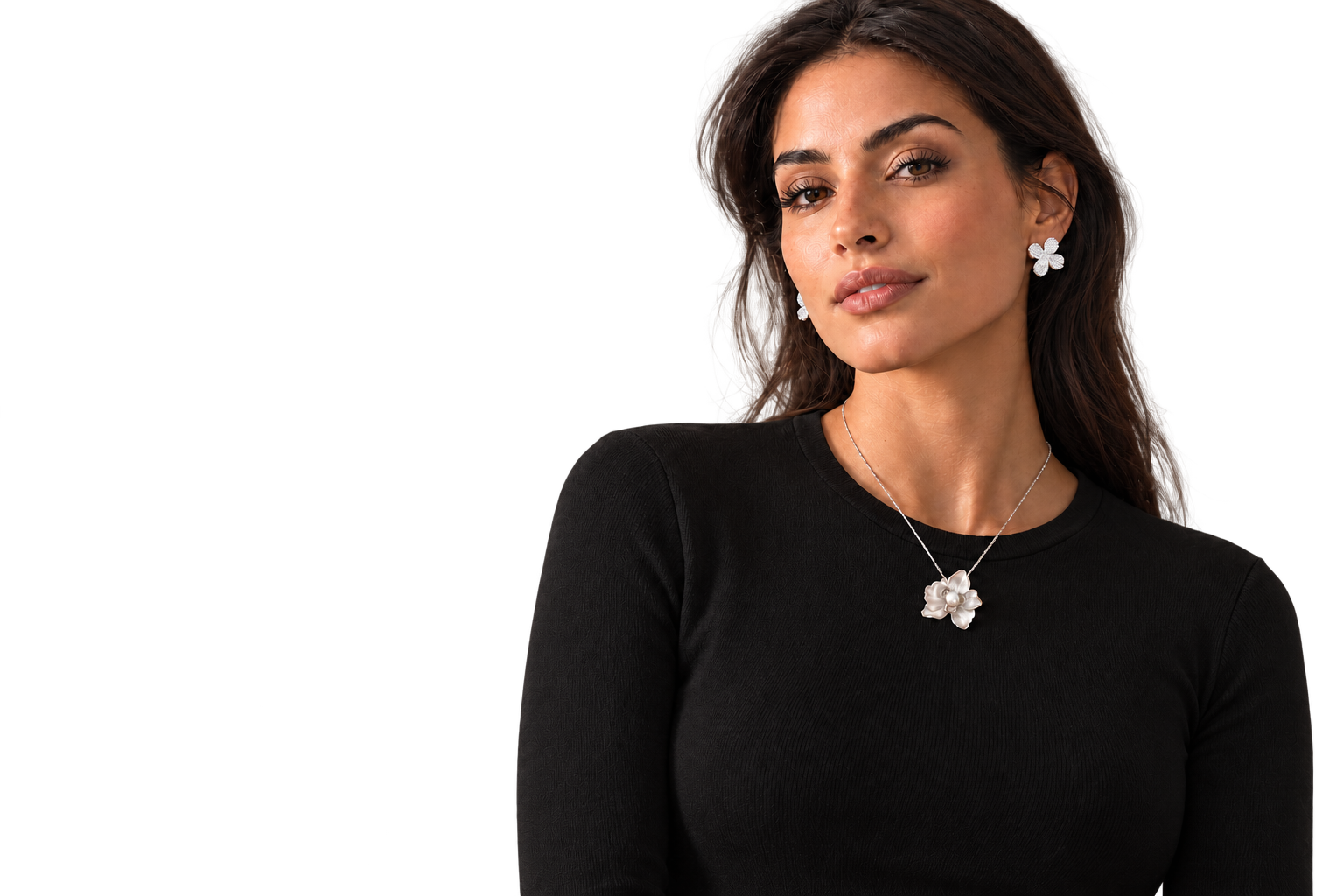 AI-generated campaign portrait with illustrative jewelry; scale and fit are not a measurement guide